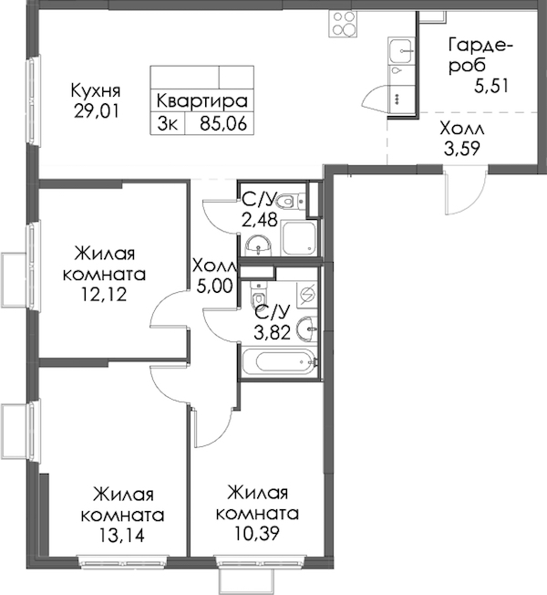 3-комнатная квартира 85.06 м², 8/12 эт., ЖК «Таллинский парк»